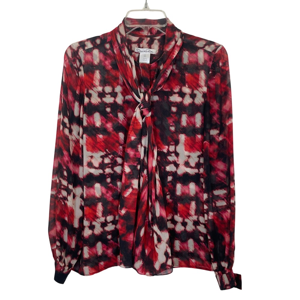 Oscar‎ de la Renta Silk Blouse Red Black Tie Neck Top Madmen Retro Office Size 6
